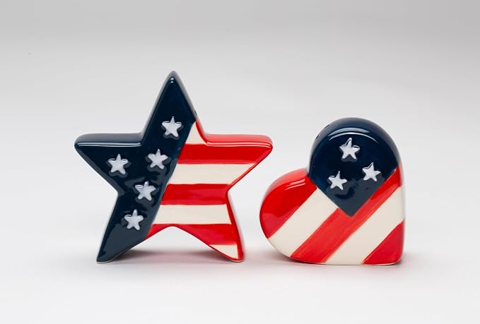 Cosmos Gifts Fine Ceramic Independence Day USA Stars and Stripes Salt & Pepper Shakers Set 3-1/8" H Red White Blue