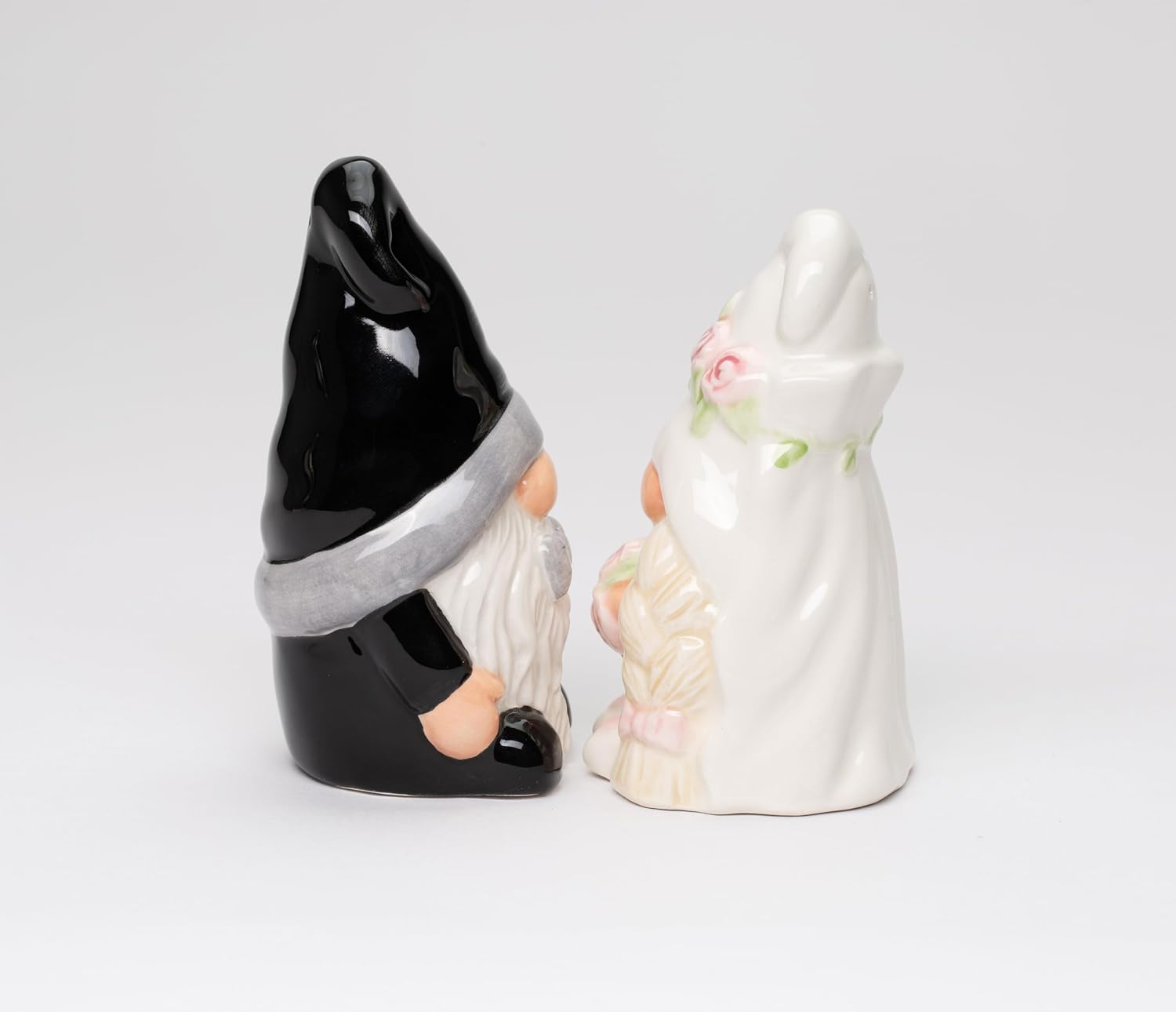 Cosmos Gifts Fine Ceramic Wedding Gnome Bride & Groom Salt and Pepper Shakers Set 4" H Black White Beige