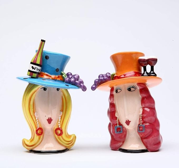 Cosmos Gifts Fine Ceramic Let's Have Some Wine Redhead and Blonde Social Lady Salt & Pepper Shakers Set 3-3/4" H