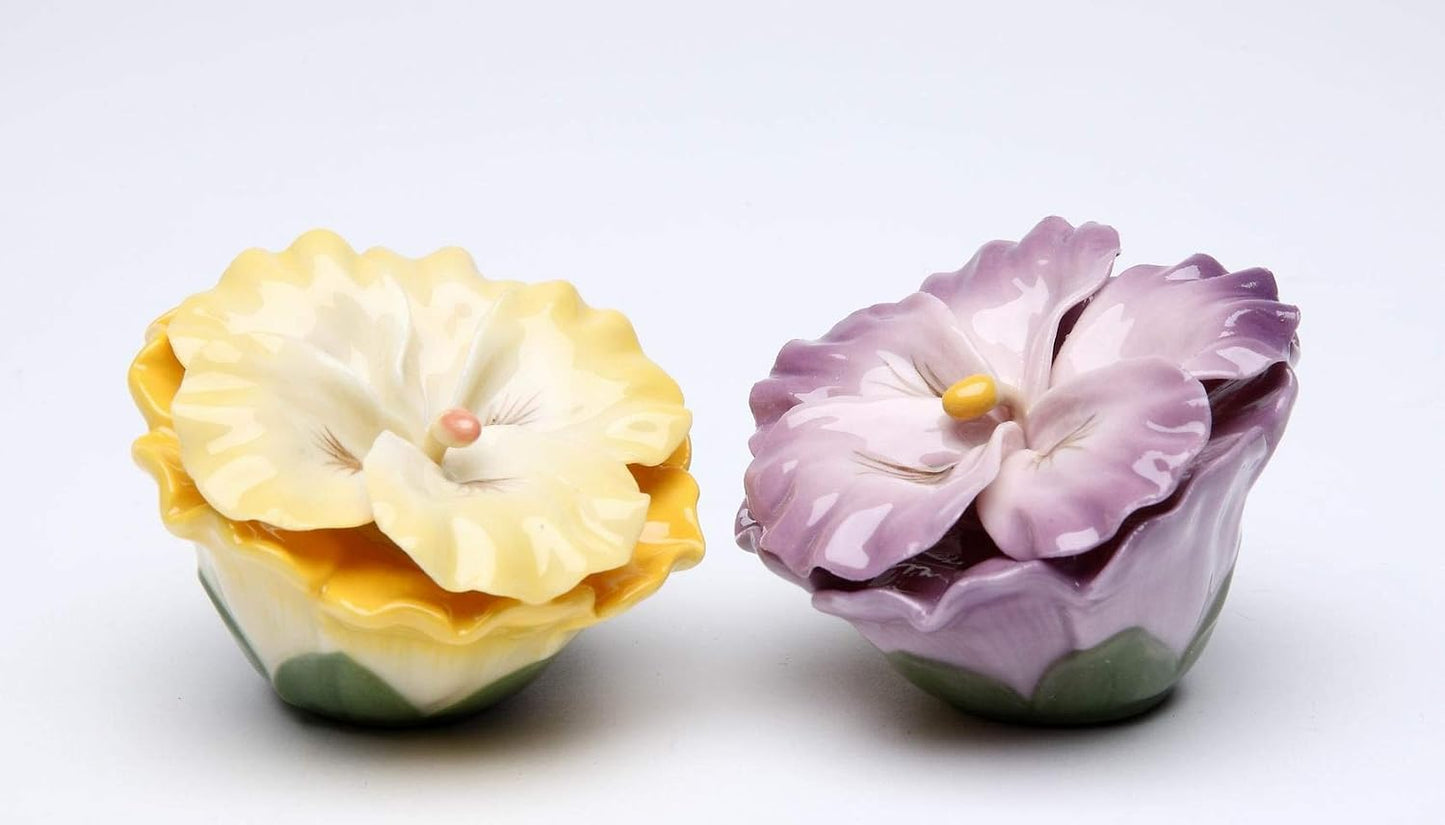 Cosmos Gifts Fine Porcelain Hand Painted Yellow & Purple Pansy Flowers Salt & Pepper Shakers Set 2-3/4" H