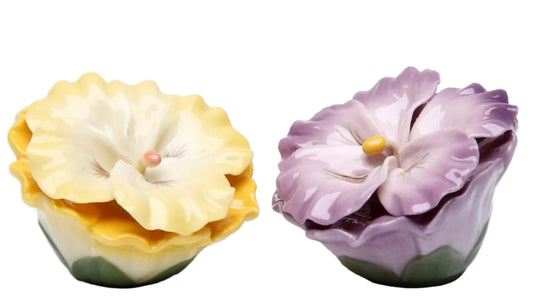 Cosmos Gifts Fine Porcelain Hand Painted Yellow & Purple Pansy Flowers Salt & Pepper Shakers Set 2-3/4" H