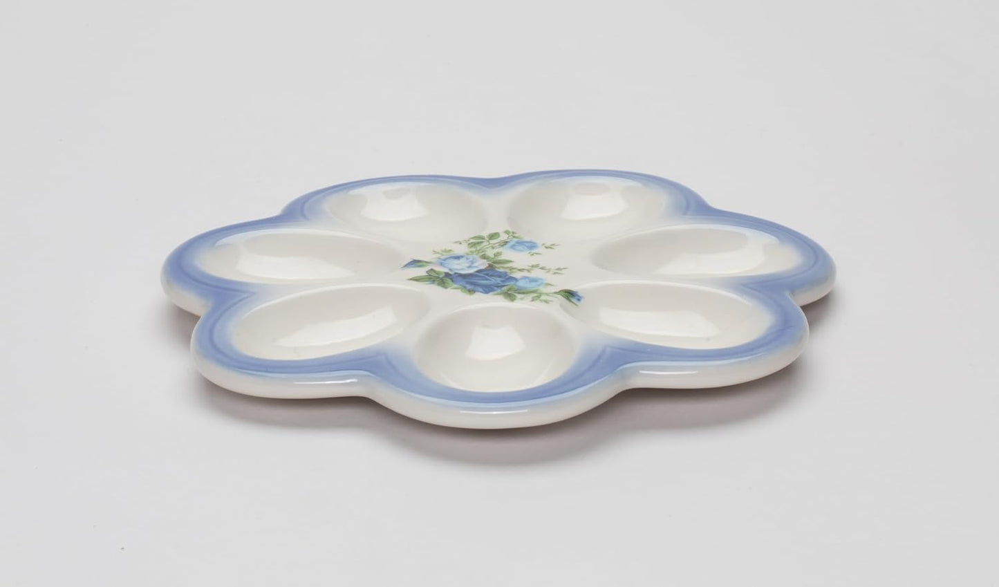 Cosmos Gifts Fine Porcelain Easter Blue Roses Round Deviled Egg Plate 6-7/8" D
