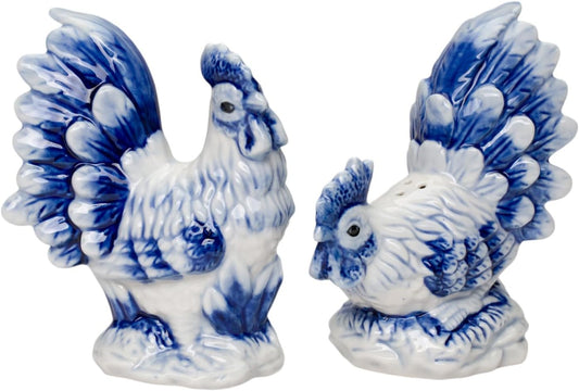 Cosmos Gifts Fine Ceramic Dutch Blue Rooster and Hen Salt and Pepper Shakers 4-1/8" H