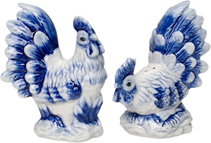 Cosmos Gifts Fine Ceramic Dutch Blue Rooster and Hen Salt and Pepper Shakers 4-1/8" H
