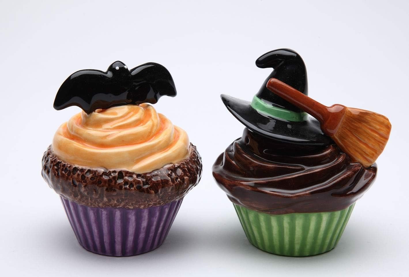 Cosmos Gifts Fine Ceramic Halloween Bat Witch Hat Broom Cupcakes Salt & Pepper Shakers Set 3-1/4" H