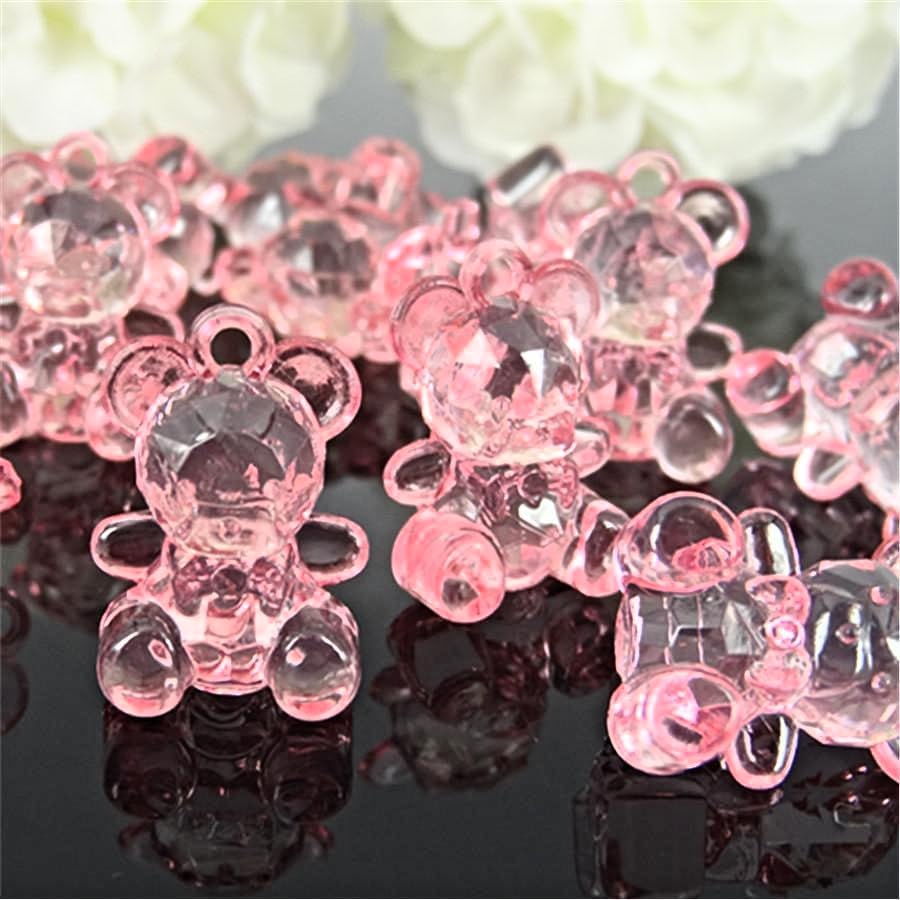 Pink Crystal Transparent Baby Shower Bear Charms, 24 Pieces