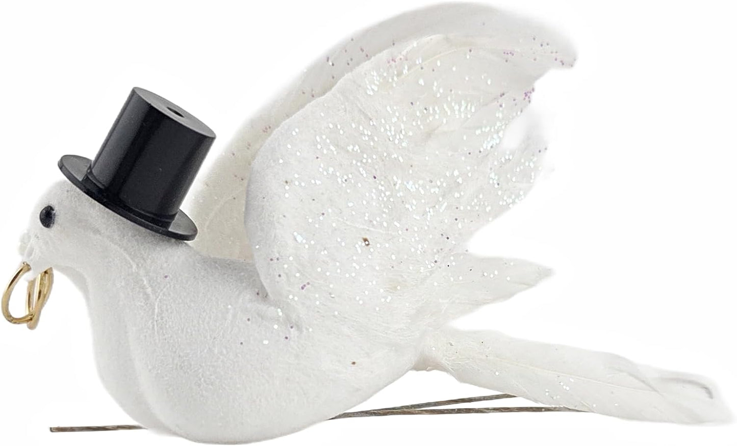 White Glitter Love Doves Wedding Ornament with Gold Rings and Top Hat, Plastic and Feather, 5x2 Inch, 2 Sets