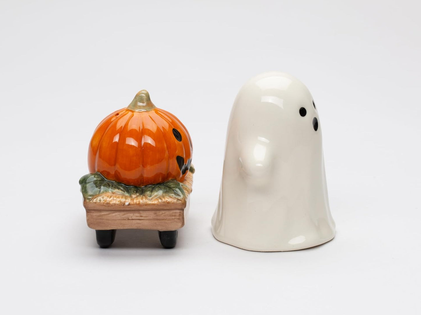 Fine Ceramic Halloween Casper & Pumpkin Wagon Salt & Pepper Shakers Set, 3-1/4" H