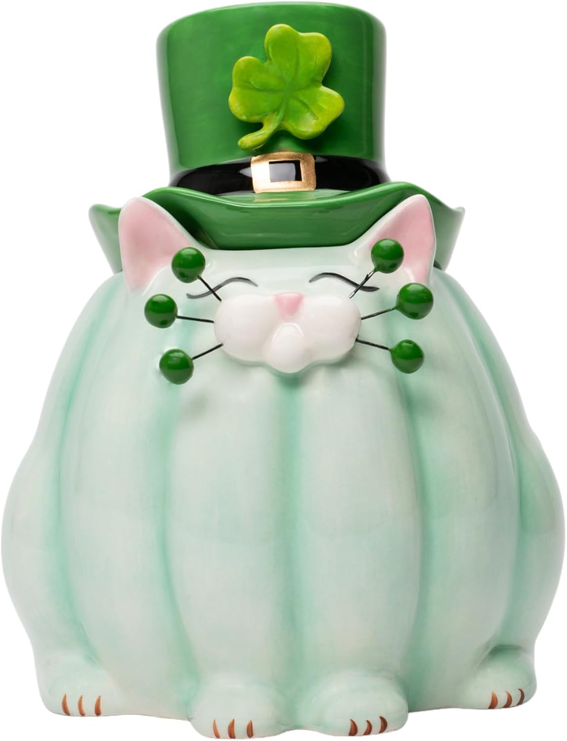 Cosmos Gifts Ceramic St. Patrick's Day Whisker Cat Candy Jar 6-1/2" H