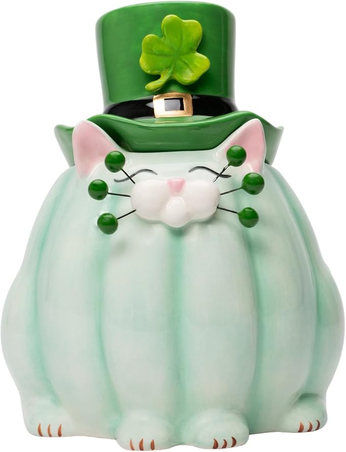 Cosmos Gifts Ceramic St. Patrick's Day Whisker Cat Candy Jar 6-1/2" H
