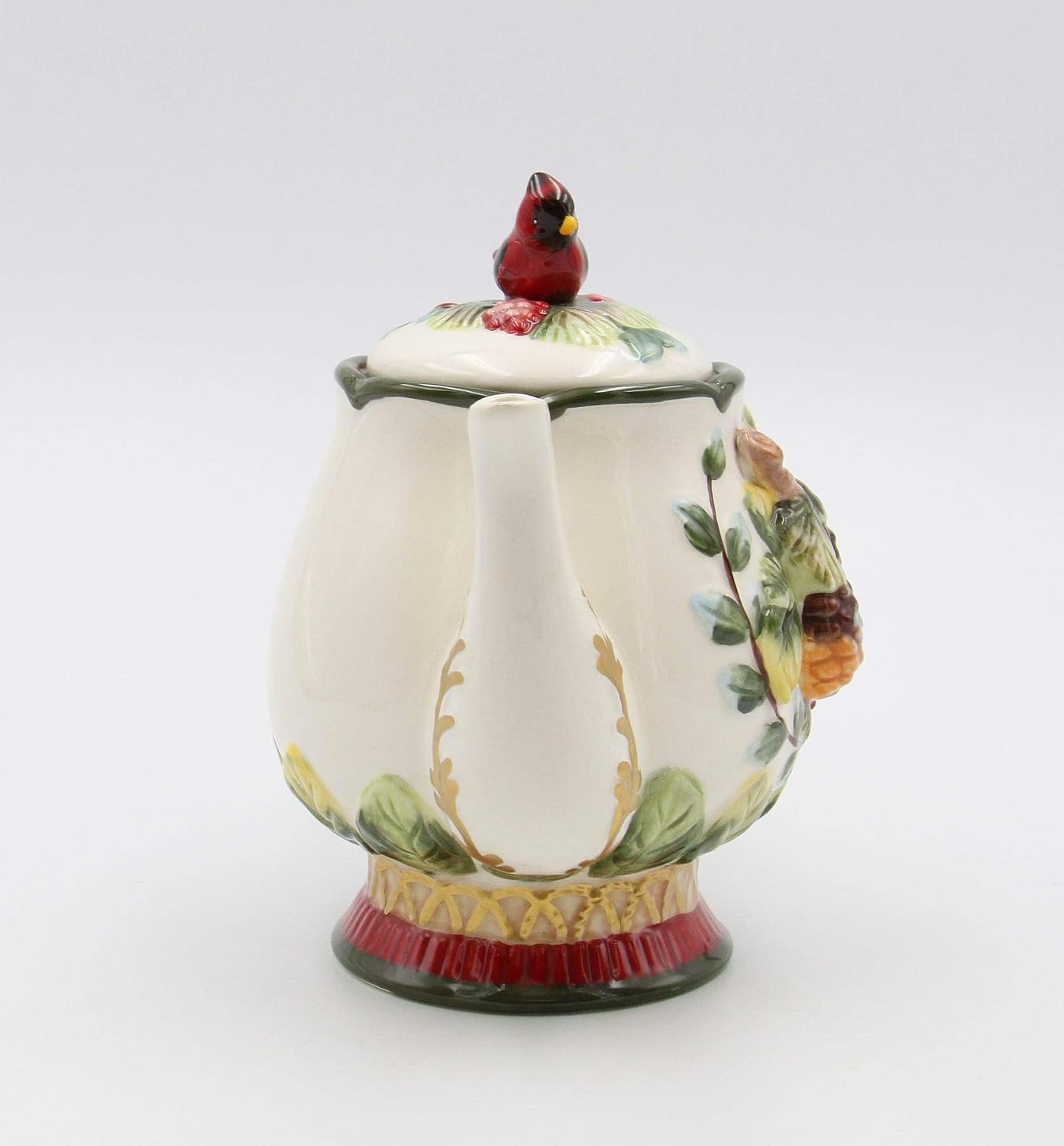 Cosmos Gifts Fine Ceramic Evergreen Holiday Red Cardinal with Pine Cones Teapot 8-1/8" L