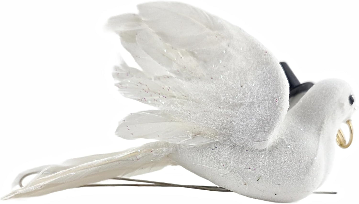 White Glitter Love Doves Wedding Ornament with Gold Rings and Top Hat, Plastic and Feather, 5x2 Inch, 2 Sets