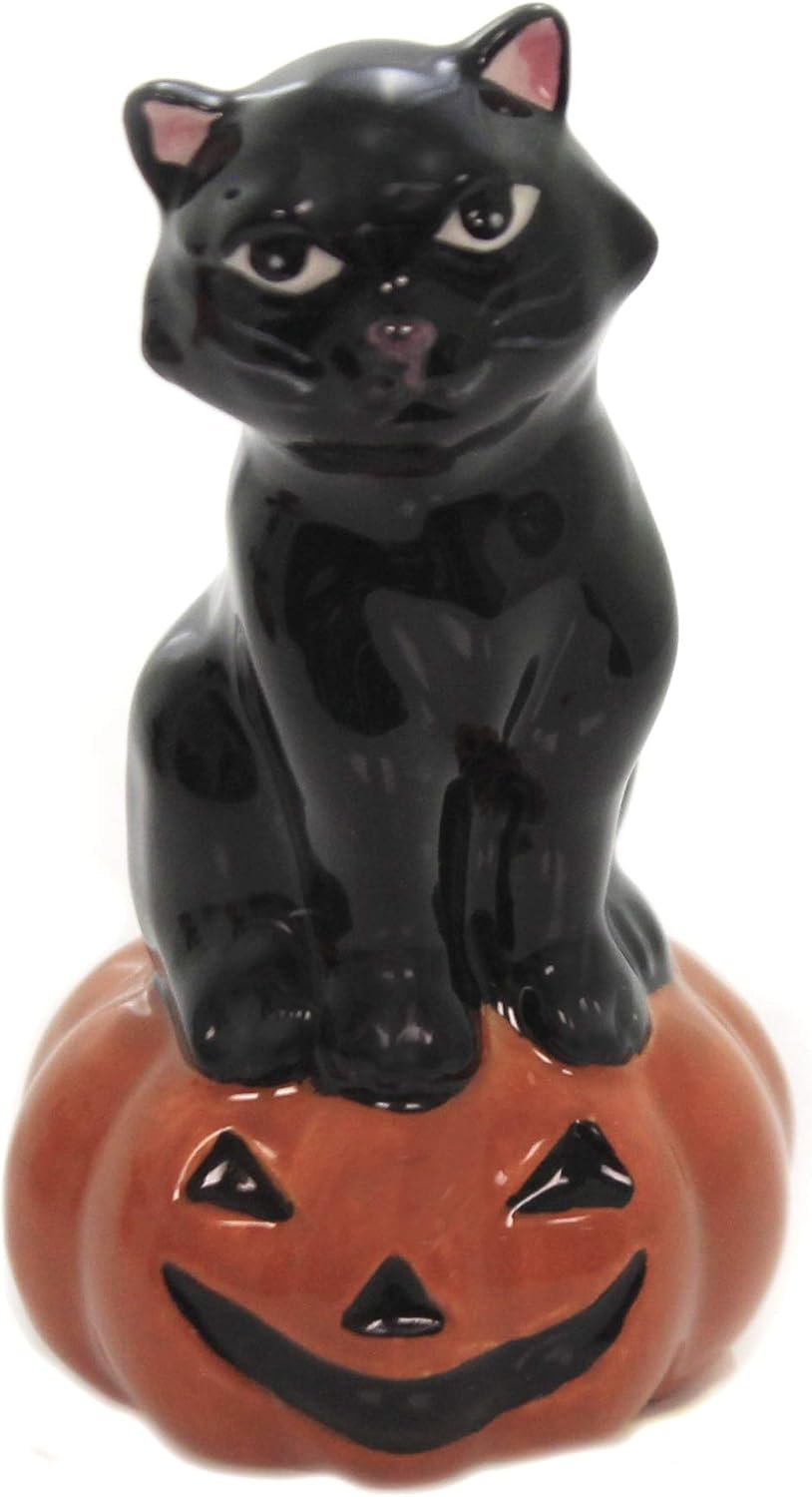 Cosmos Gifts Fine Ceramic Black Cat & Owl on Pumpkin Salt & Pepper Shakers Set 3-3/4" H