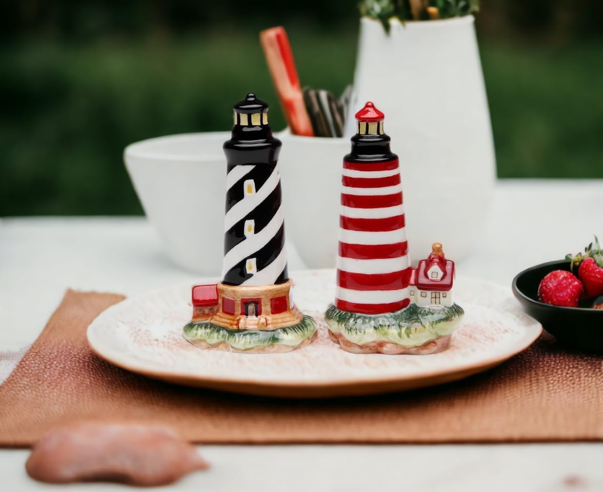 Cosmos Gifts Fine Ceramic Black Striped & Red Striped Lighthouse Salt and Pepper Shakers 4" H 10480