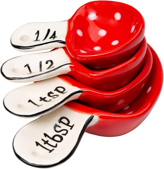 Cosmos Gifts Fine Ceramic Mushroom Measuring Spoons 4-Piece Set 1-Pack Red