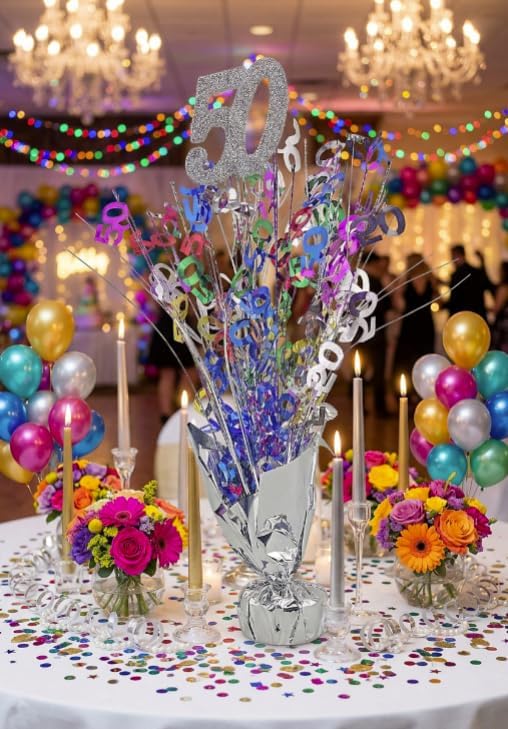 Silver Glitter 50th Birthday Balloon Weight Centerpieces, 2 Pieces