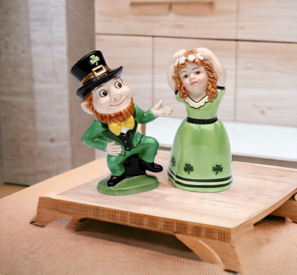 Cosmos Gifts Fine Ceramic Irish Dancing Leprechaun and Girl Salt and Pepper Shakers 4" H