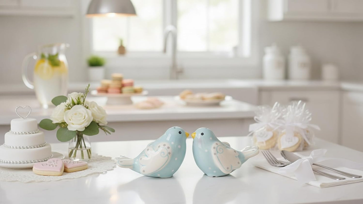 Cosmos Gifts Fine Ceramic Lovebird Bluebird Pastel Baby Blue Bird with White Wings and White Polka Dots Design Salt and Pepper Shakers Set 3-5/8" L