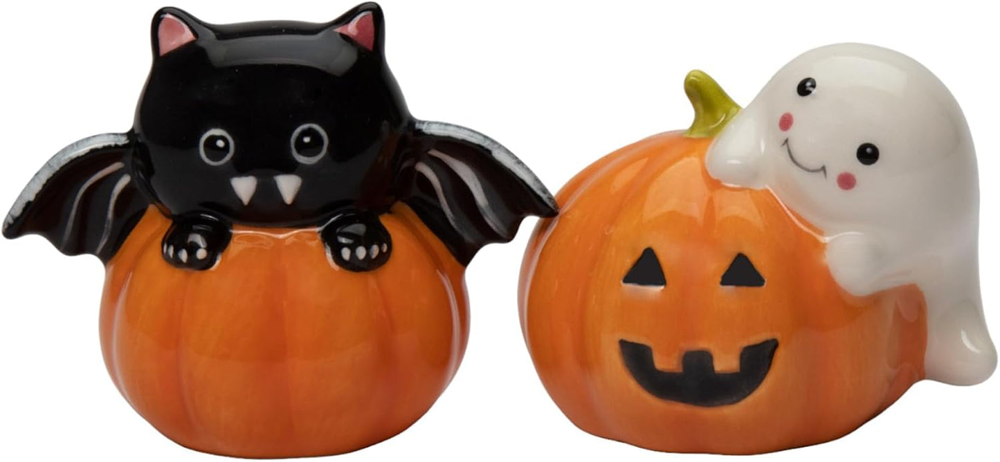 Cosmos Gifts Fine Ceramic Halloween Casper & Bat Dracula on Pumpkin Salt & Pepper Shakers Set 3-1/8" L