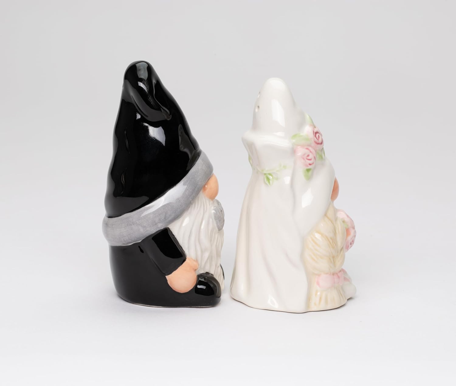 Cosmos Gifts Fine Ceramic Wedding Gnome Bride & Groom Salt and Pepper Shakers Set 4" H Black White Beige