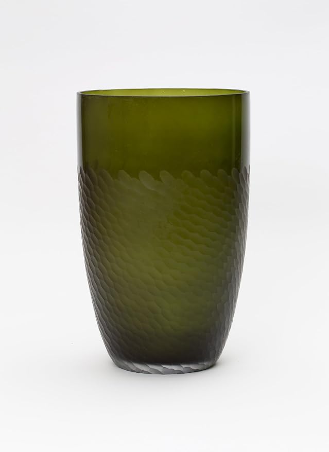 Cosmos Gifts Modern Etched Glass Vase Olive Green 11" H