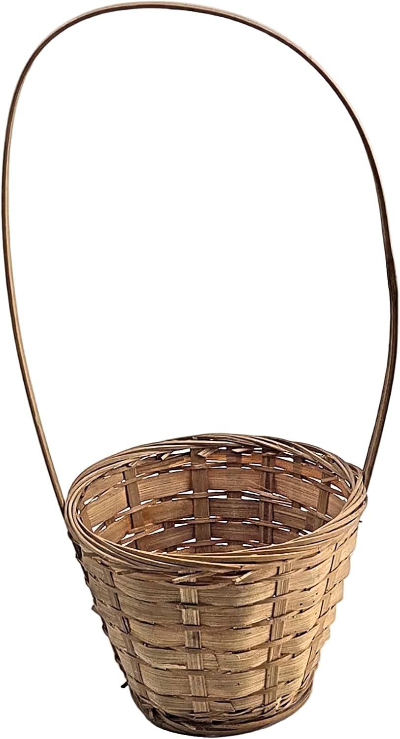Natural Brown Woven Bamboo Basket with Tall Arched Handle, 1 Piece