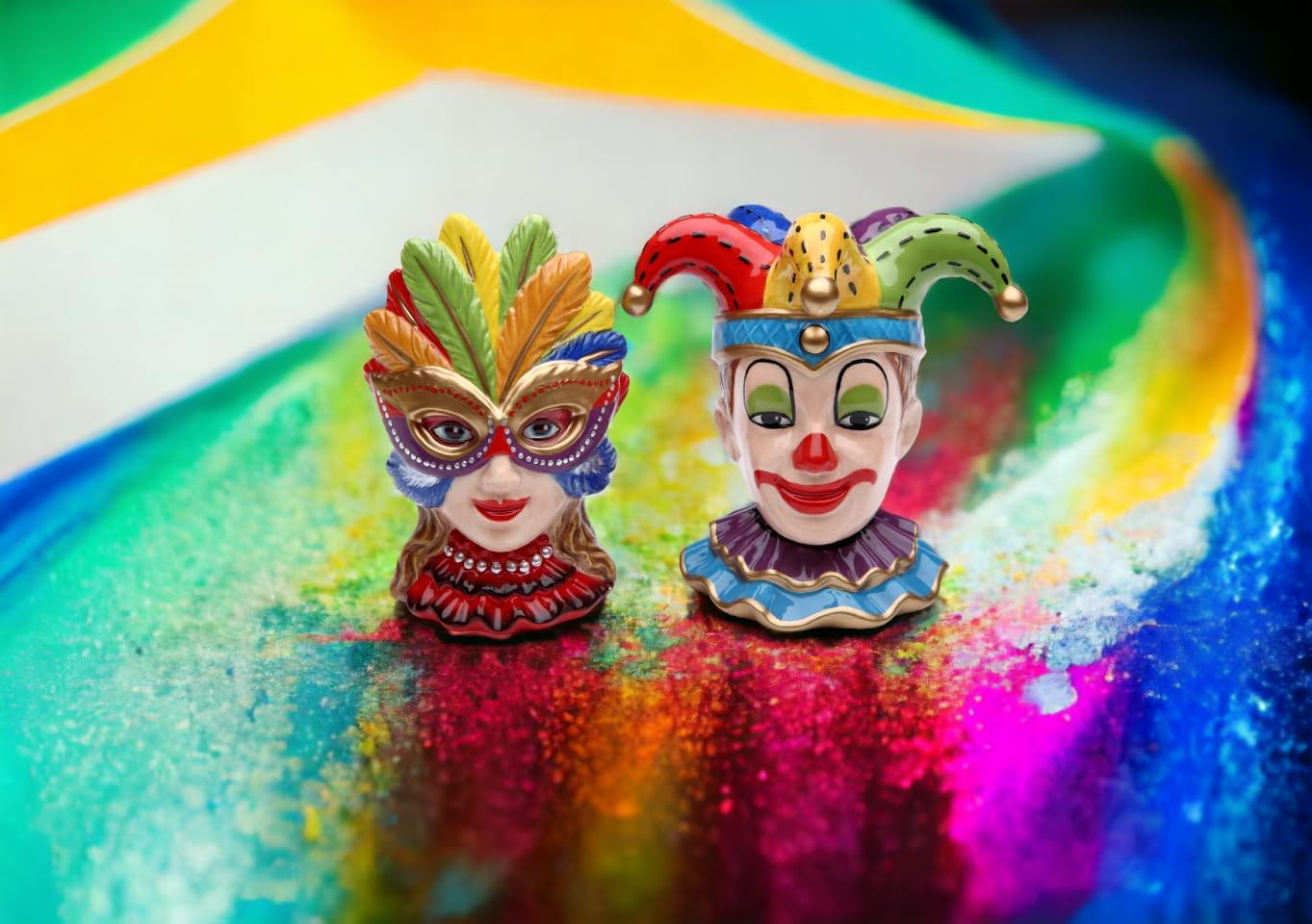 Cosmos Gifts Fine Ceramic Hand Painted Mardi Gras Joker Clown and Girl Wearing Mask Salt and Pepper Shakers Set 4" H Multicolor