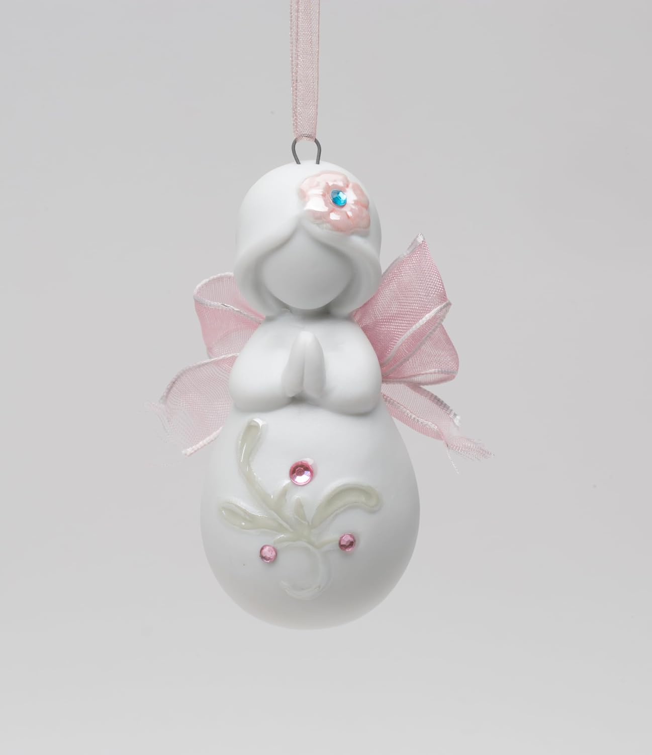 Cosmos Gifts Fine Porcelain Inspirational Praying Angel with Pink Ribbon Wings Hanging Christmas Tree Ornament Figurine 3" H