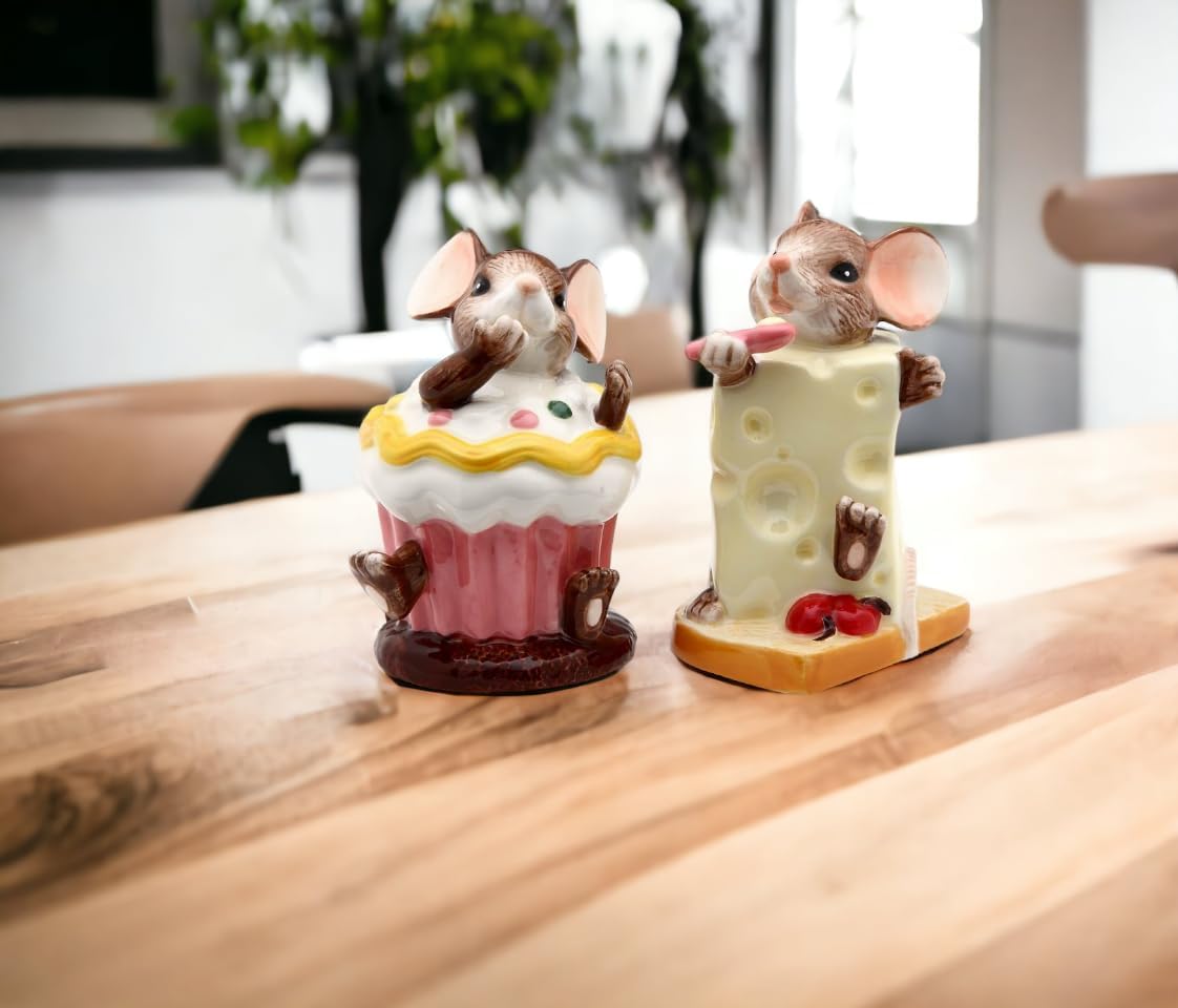 Cosmos Gifts Fine Ceramic Mice with Cheese & Cupcake Salt and Pepper Shakers Set 3-5/8" H