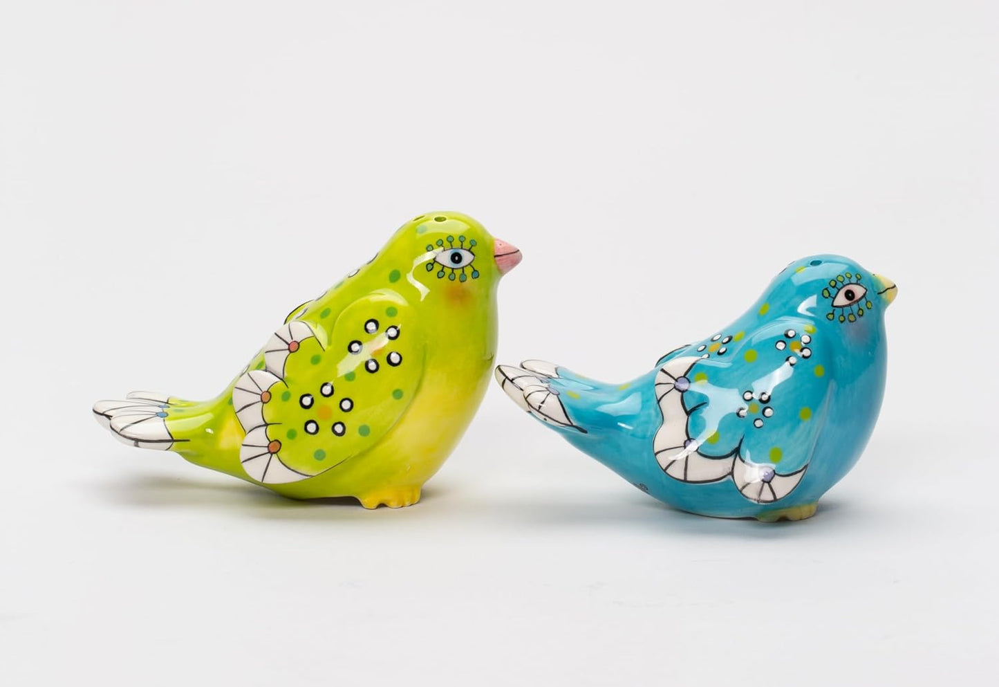 Cosmos Gifts Fine Ceramic Flight of Fancy Hand Painted Blue and Green Love Birds Salt & Pepper Shakers Set 3-3/8" L