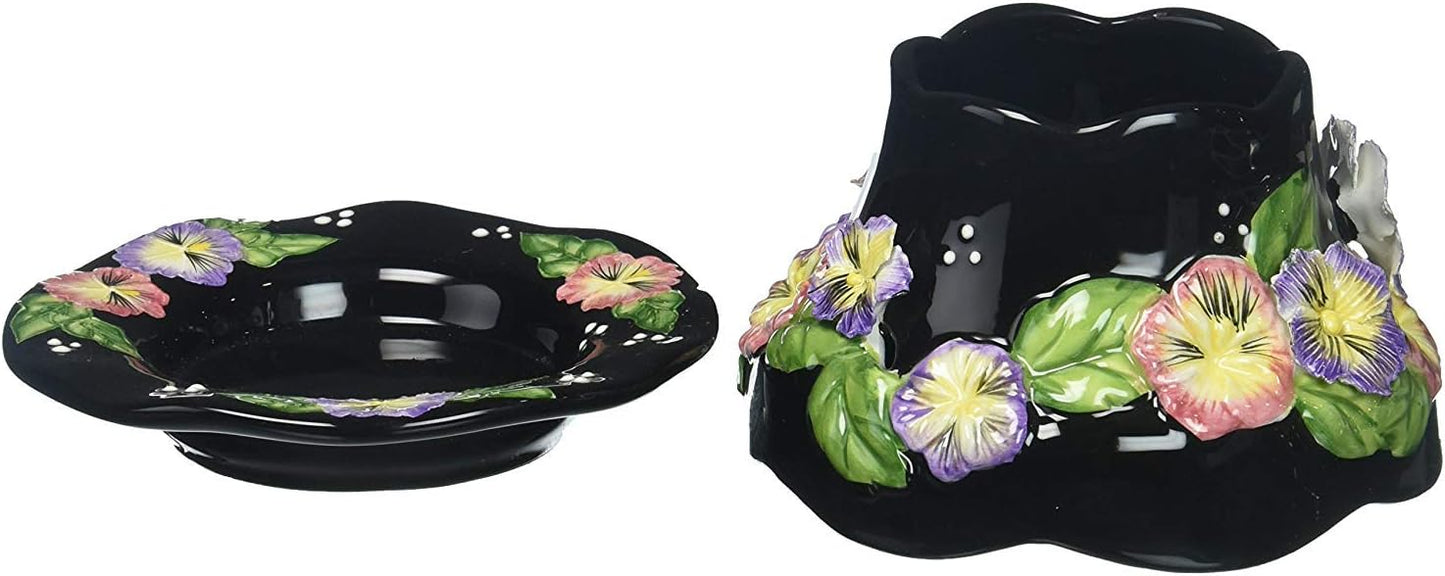 Cosmos Gifts Fine Ceramic Hand Painted Black Pansy Flowers Small Candle Jar Shade and Plate Set 4.25" D