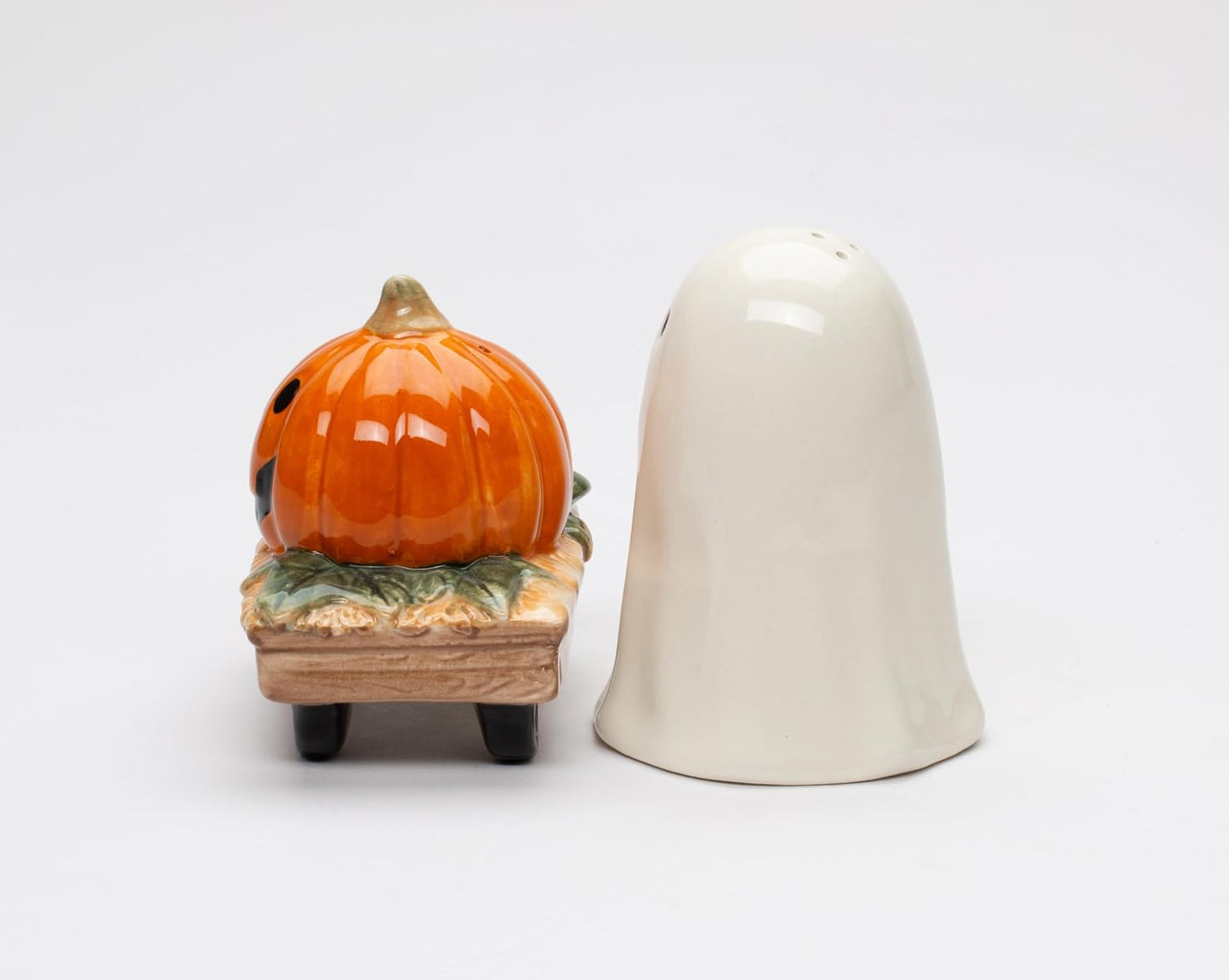 Fine Ceramic Halloween Casper & Pumpkin Wagon Salt & Pepper Shakers Set, 3-1/4" H