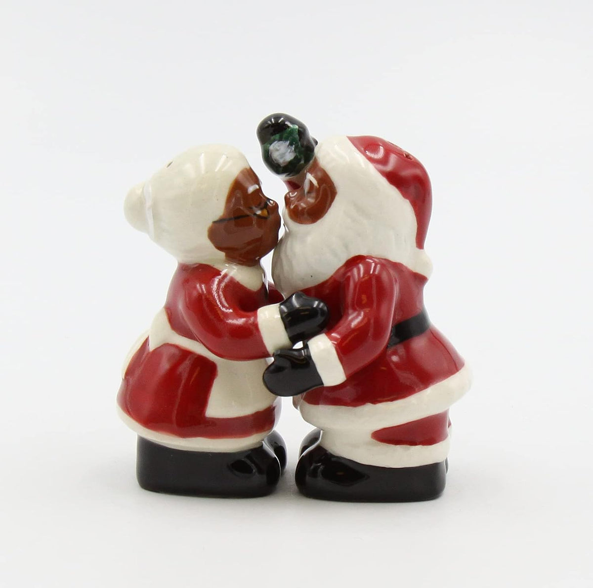 Cosmos Gifts Fine Ceramic African American Mr. & Mrs. Santa Claus Kissing Under Mistletoe Salt and Pepper Shakers Set of 2 3-3/8" H