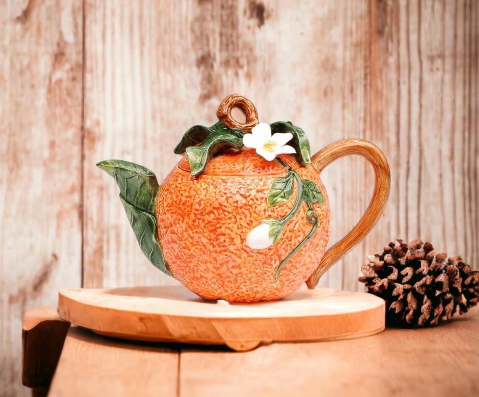 Cosmos Gifts Fine Ceramic Fruit Orange & White Flower Teapot 12 fl oz 4" H
