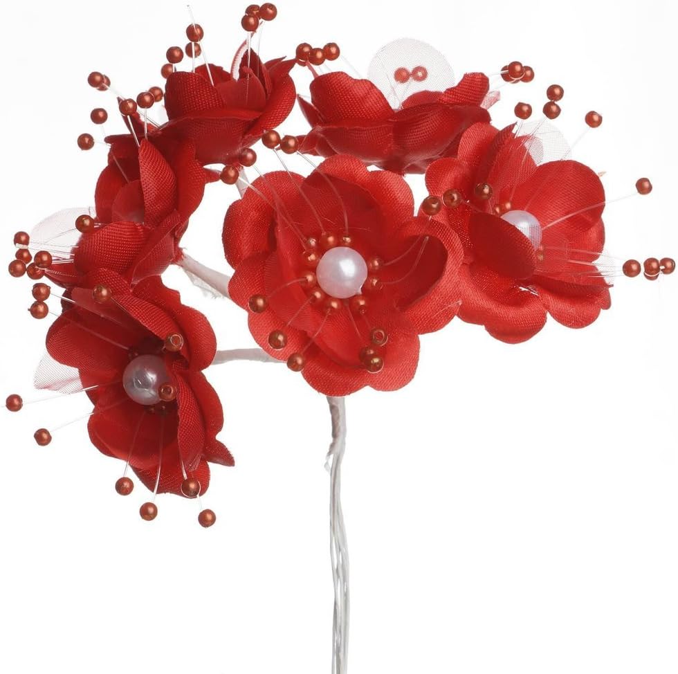 Party Favors Plus Red Satin Organza Pearl Flowers 1.5 Inch 72 Count
