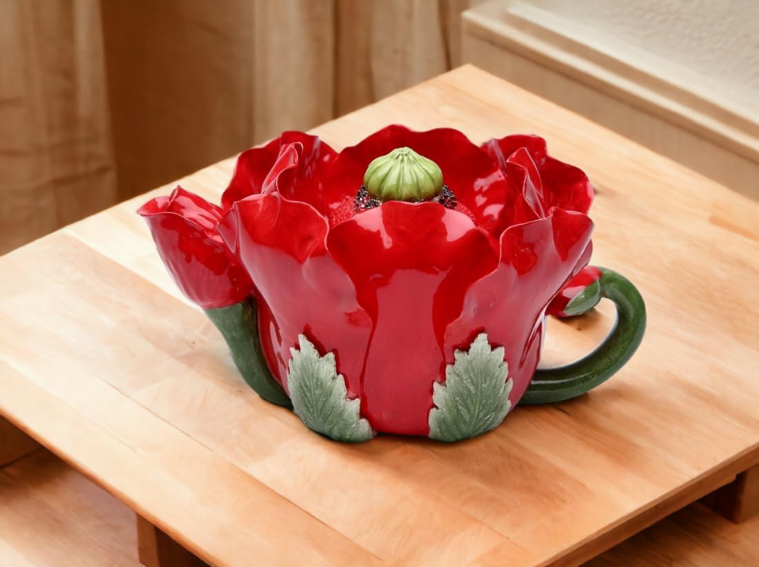 Cosmos Gifts Fine Ceramic Bright Painted Red and Green Poppy Flower Teapot Server 6-5/8" H SS-CG-20814