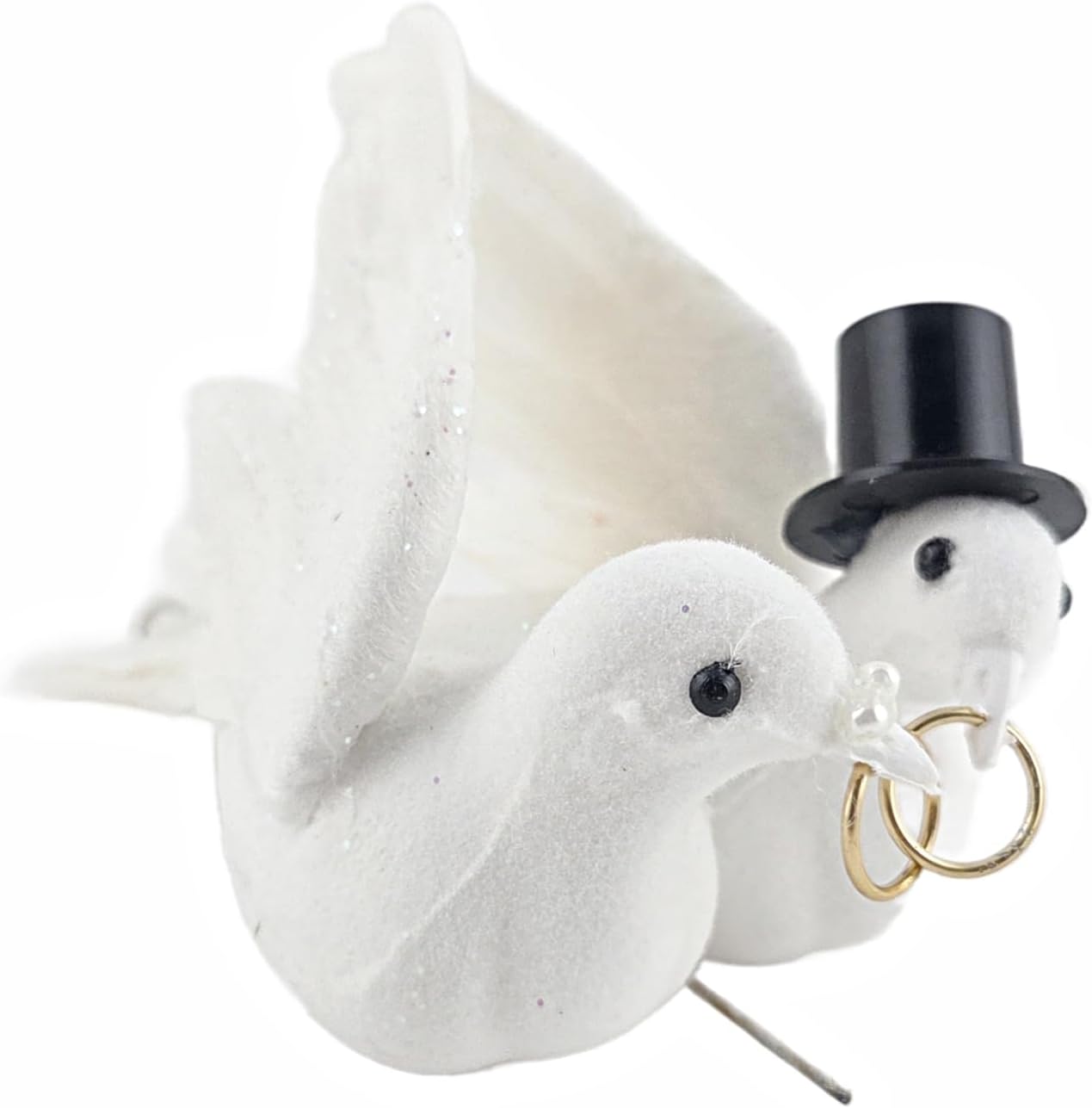 White Glitter Love Doves Wedding Ornament with Gold Rings and Top Hat, Plastic and Feather, 5x2 Inch, 2 Sets