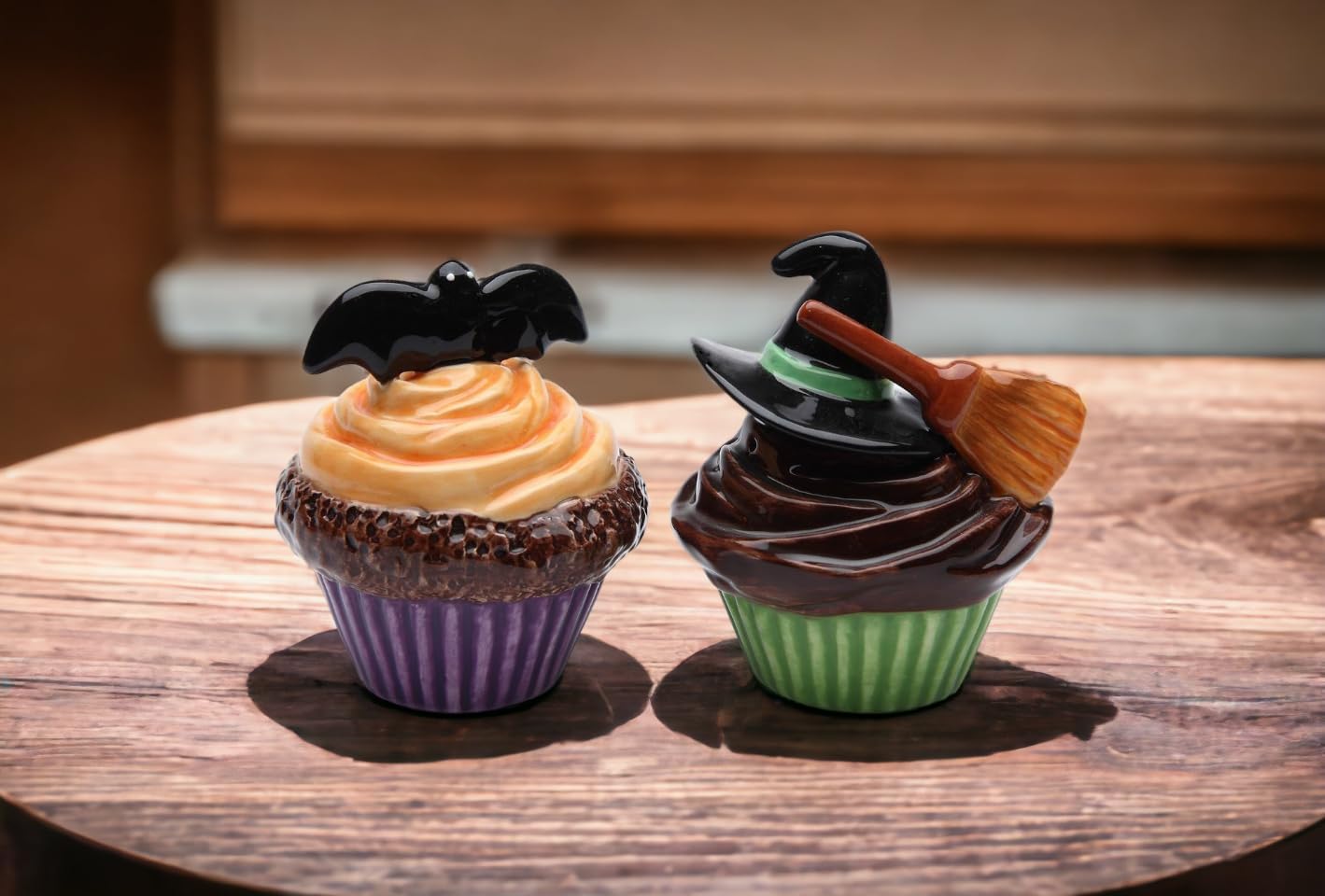 Cosmos Gifts Fine Ceramic Halloween Bat Witch Hat Broom Cupcakes Salt & Pepper Shakers Set 3-1/4" H