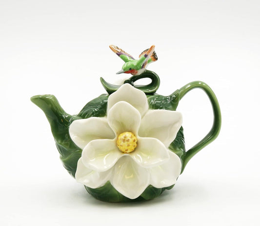 Cosmos Gifts Fine Porcelain Magnolia Flower Teapot with Hummingbird 4-5/8" H