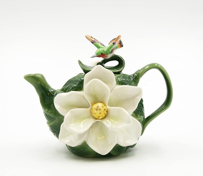 Cosmos Gifts Fine Porcelain Magnolia Flower Teapot with Hummingbird 4-5/8" H