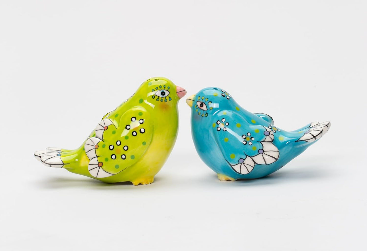 Cosmos Gifts Fine Ceramic Flight of Fancy Hand Painted Blue and Green Love Birds Salt & Pepper Shakers Set 3-3/8" L