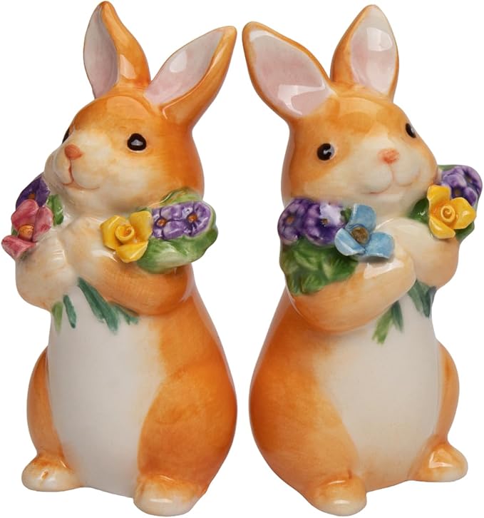 Cosmos Gifts Fine Ceramic Spring Easter Bunny Gathering Flowers Salt & Pepper Shakers Set 3-5/8" H 21066