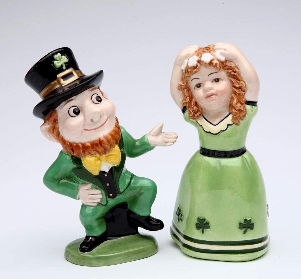 Cosmos Gifts Fine Ceramic Irish Dancing Leprechaun and Girl Salt and Pepper Shakers 4" H
