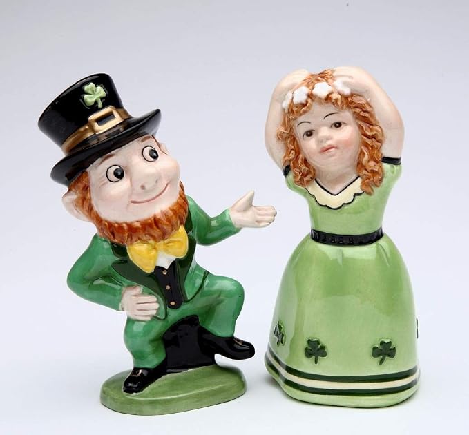 Cosmos Gifts Fine Ceramic Irish Dancing Leprechaun and Girl Salt and Pepper Shakers 4" H