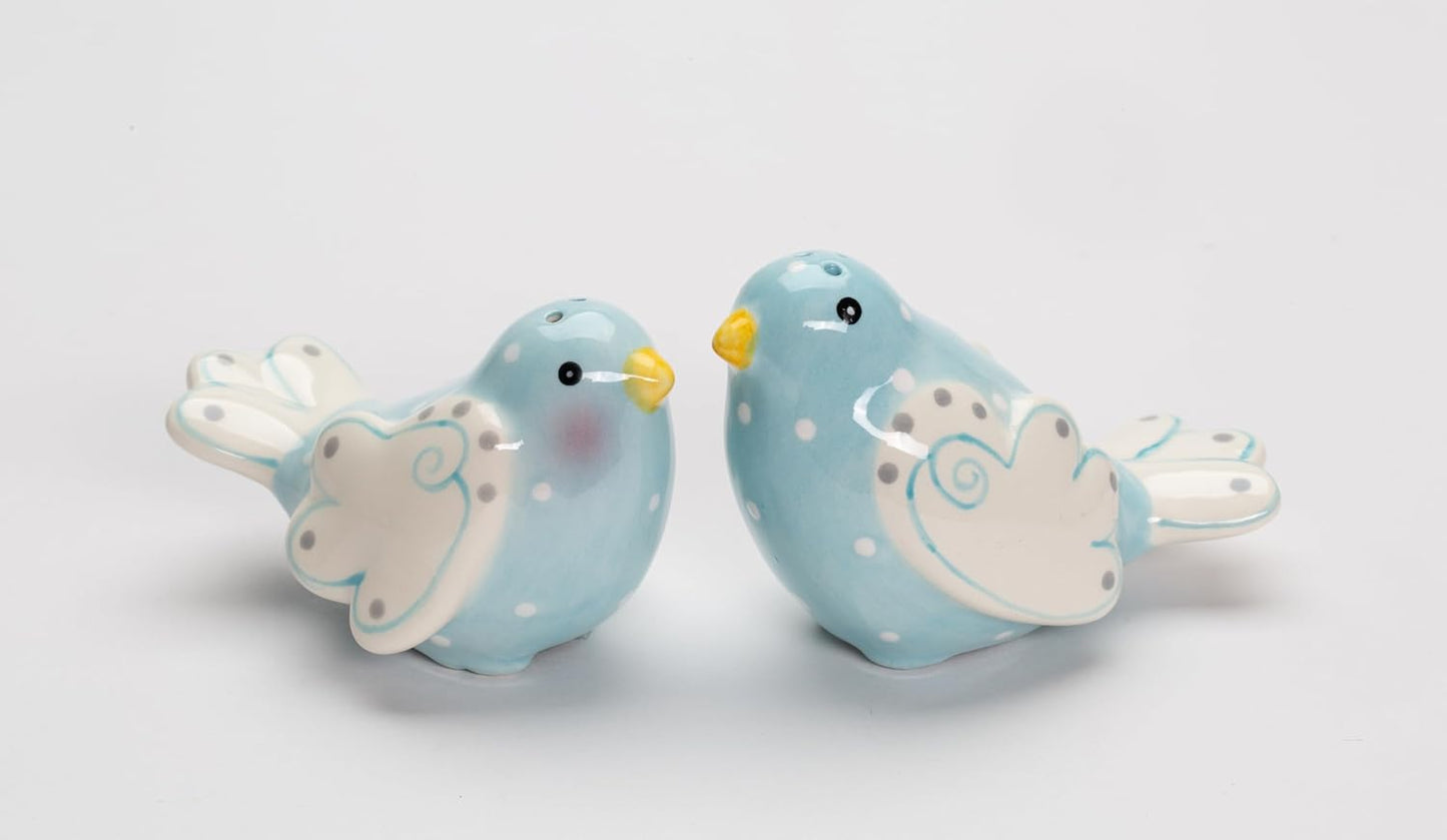 Cosmos Gifts Fine Ceramic Lovebird Bluebird Pastel Baby Blue Bird with White Wings and White Polka Dots Design Salt and Pepper Shakers Set 3-5/8" L