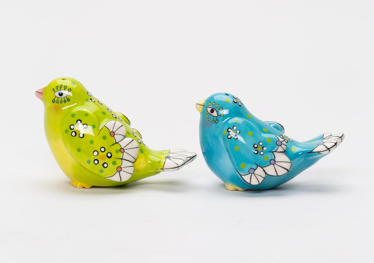 Cosmos Gifts Fine Ceramic Flight of Fancy Hand Painted Blue and Green Love Birds Salt & Pepper Shakers Set 3-3/8" L