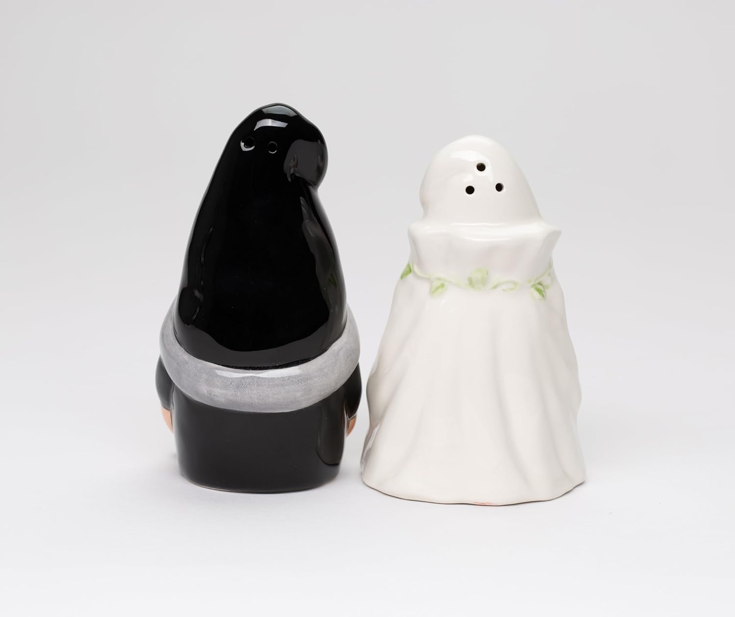 Cosmos Gifts Fine Ceramic Wedding Gnome Bride & Groom Salt and Pepper Shakers Set 4" H Black White Beige