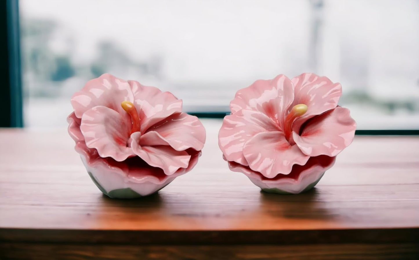 Cosmos Gifts Fine Porcelain Pink Hibiscus Flowers Salt & Pepper Shakers Set 2-1/2" H