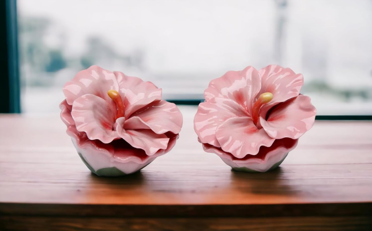 Cosmos Gifts Fine Porcelain Pink Hibiscus Flowers Salt & Pepper Shakers Set 2-1/2" H