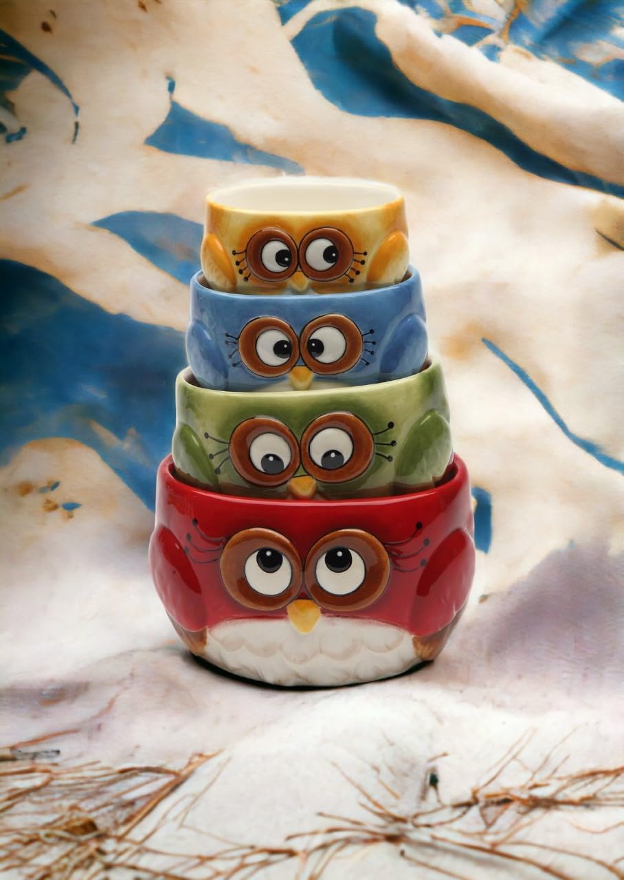 Cosmos Gifts Ceramic Owl Design Measuring Cup Set 4-Pack Red Green Blue Yellow Medium